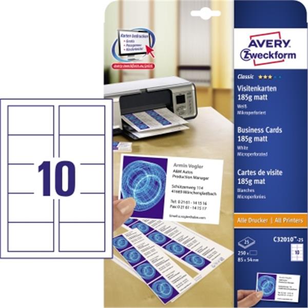 Preview: Visitenkarten-ILK weiß A4 85x54 185g matt Microperf.    Packung 250 Stück