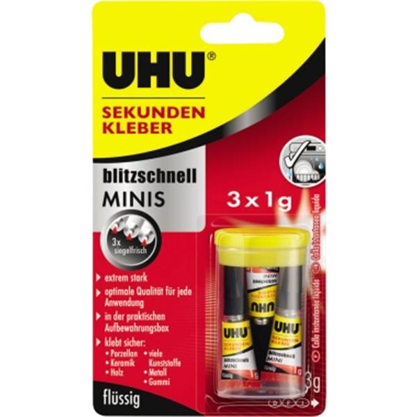 Preview: UHU Sekunden-Alleskleber 3x1g MINIS Sekundenkleber flüssig blitzschnell