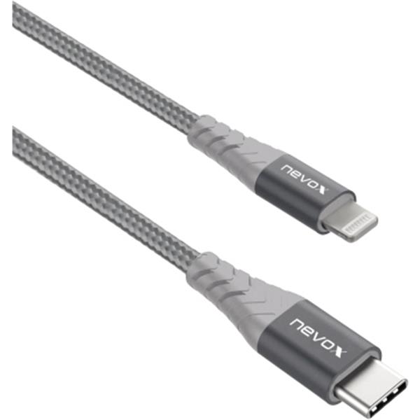 Preview: Nevox USB-Kabel LC-1886 Nylon 2m Lightning zu Type C USB silbergrau