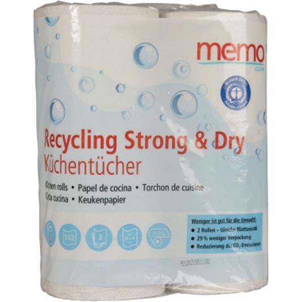 Preview: memo Küchenrolle Recycling Strong & Dry 3lagig 102Blatt     2Rollen/Pack