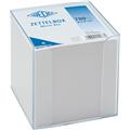 Zettelbox transparent 95x95mm weiße Einlageblätter 9x9cm befüllt